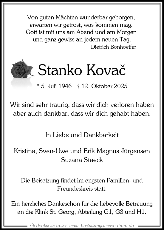 Traueranzeige von Stanko Kovač von Region Pinneberg und tip Pinneberg