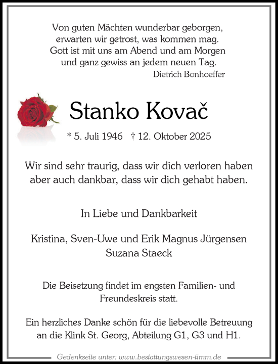 Traueranzeige von Stanko Kovač von Umschau