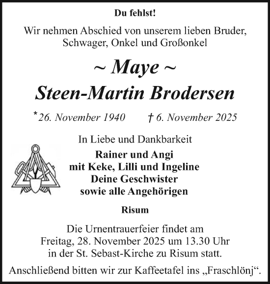 Traueranzeige von Steen-Martin Brodersen von Husumer Nachrichten, Nordfriesland Tageblatt