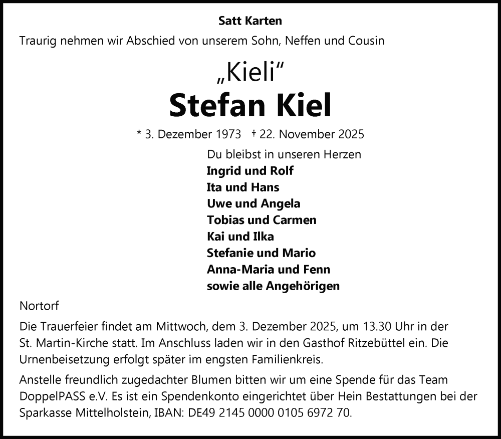  Traueranzeige für Stefan Kiel vom 29.11.2025 aus Schleswig-Holsteinische Landeszeitung