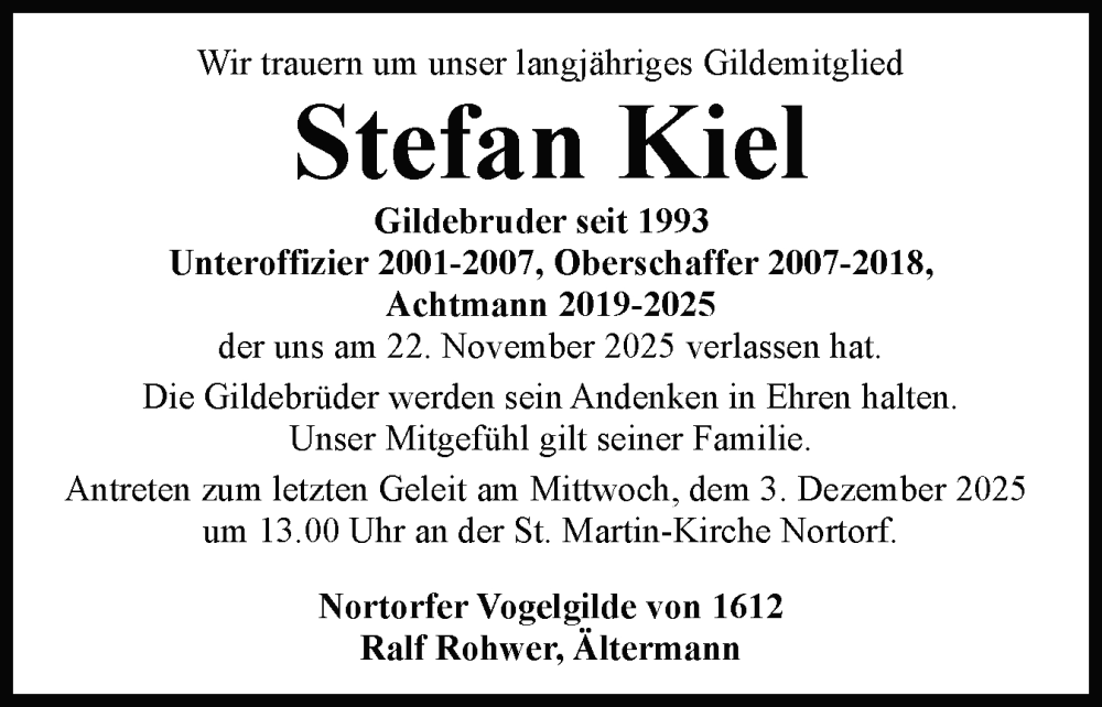  Traueranzeige für Stefan Kiel vom 29.11.2025 aus Schleswig-Holsteinische Landeszeitung
