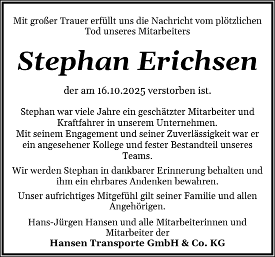 Traueranzeige von Stephan Erichsen von Schleswiger Nachrichten, Schlei-Bote