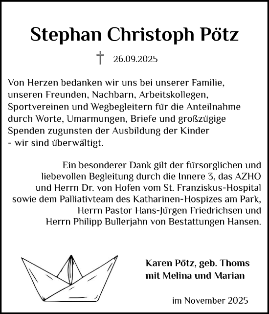 Traueranzeige von Stephan Christoph Pötz von Region Flensburg