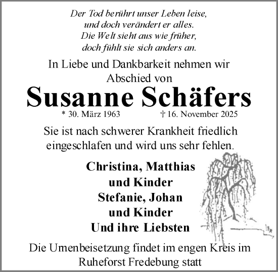 Traueranzeige von Susanne Schäfers von MARKT Ratzeburg/Mölln