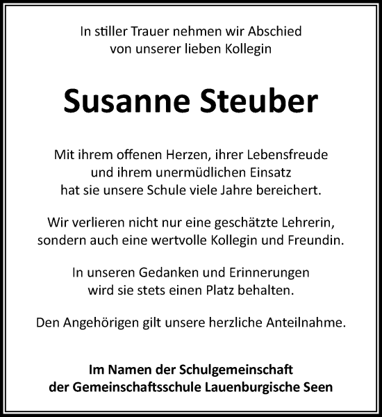 Traueranzeige von Susanne Steuber von MARKT Ratzeburg/Mölln