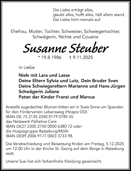 Traueranzeige von Susanne Steuber von MARKT Ratzeburg/Mölln
