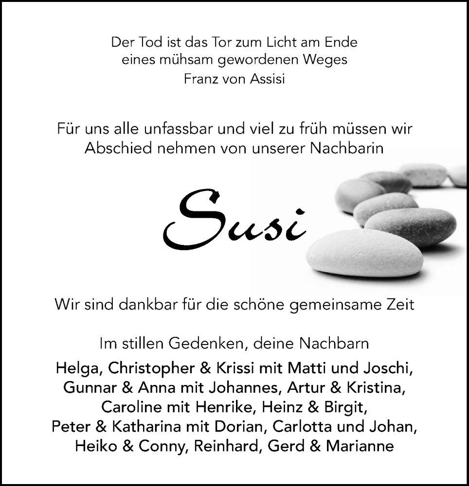  Traueranzeige für Susi  vom 22.11.2025 aus MARKT Ratzeburg/Mölln