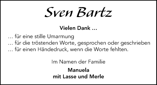 Traueranzeige von Sven Bartz von MARKT Ratzeburg/Mölln