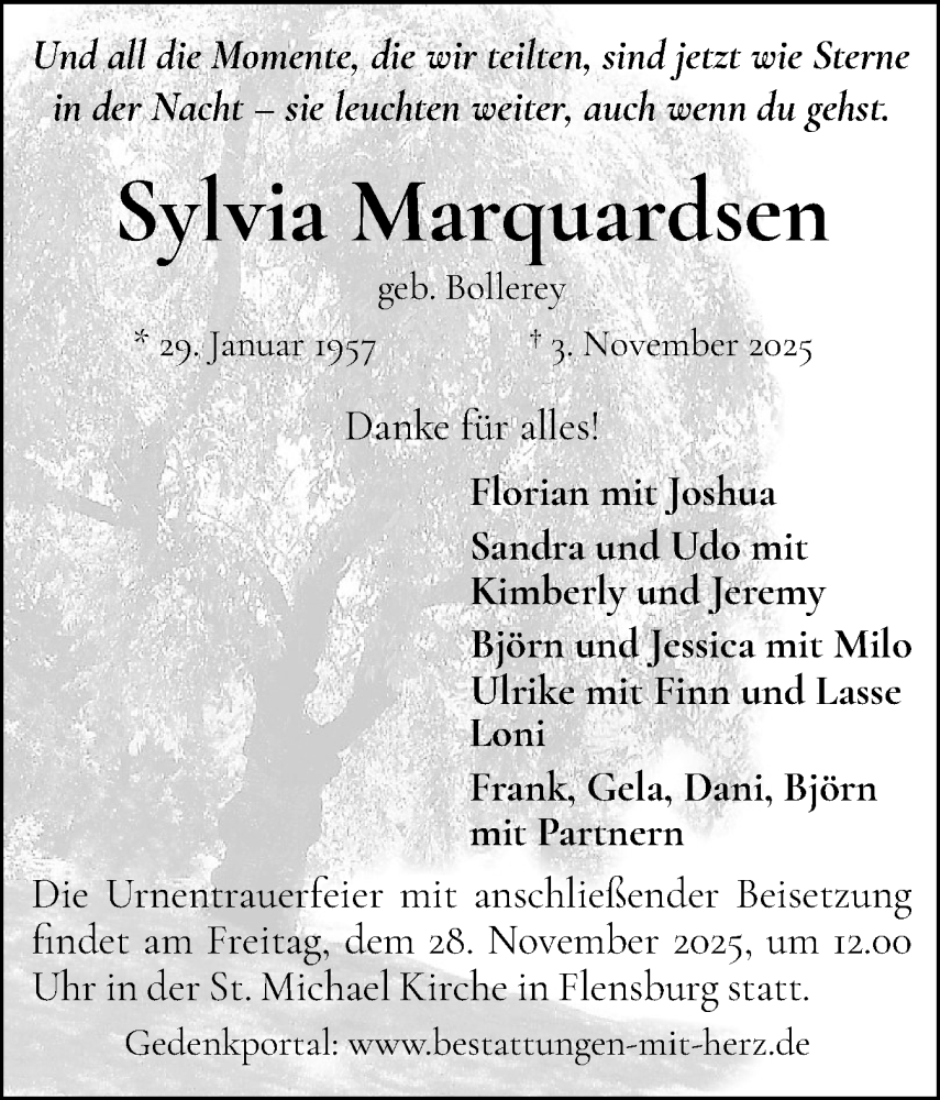  Traueranzeige für Sylvia Marquardsen vom 15.11.2025 aus Flensburger Tageblatt