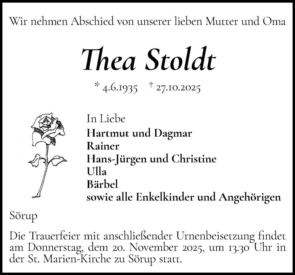  Traueranzeige für Thea Stoldt vom 08.11.2025 aus Die WochenSchau Gesamtausgabe