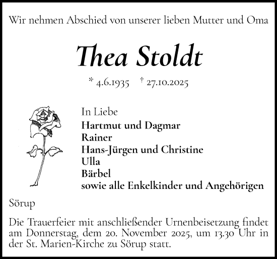 Traueranzeige von Thea Stoldt von Die WochenSchau Gesamtausgabe