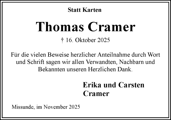 Traueranzeige von Thomas Cramer von Eckernförder Zeitung, Hallo Eckernförde