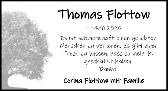 Traueranzeige von Thomas Flottow von MARKT Ratzeburg/Mölln
