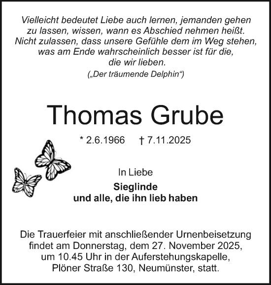 Traueranzeige von Thomas Grube von Holsteinischer Courier