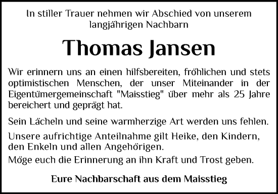 Traueranzeige von Thomas Jansen von Flensburger Tageblatt