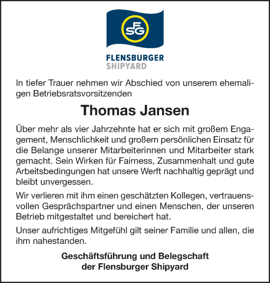 Traueranzeige von Thomas Jansen von Flensburger Tageblatt