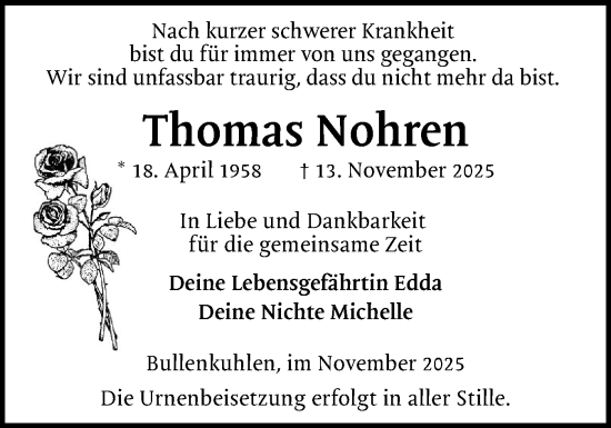 Traueranzeige von Thomas Nohren von Elmshorner Nachrichten, Barmstedter Zeitung