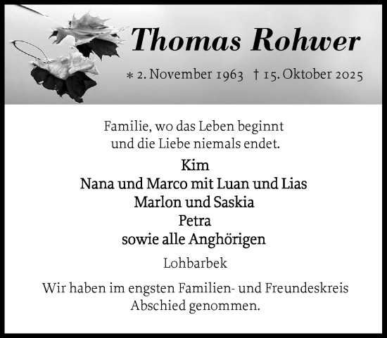 Traueranzeige von Thomas Rohwer von Norddeutsche Rundschau, Wilstersche Zeitung, Glückstädter Fortuna