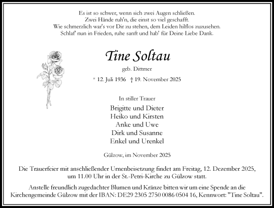 Traueranzeige von Tine Soltau von Wochenend Anzeiger