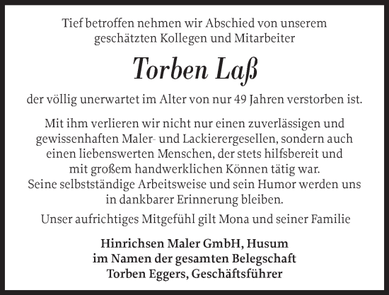 Traueranzeige von Torben Laß von Husumer Nachrichten, Nordfriesland Tageblatt