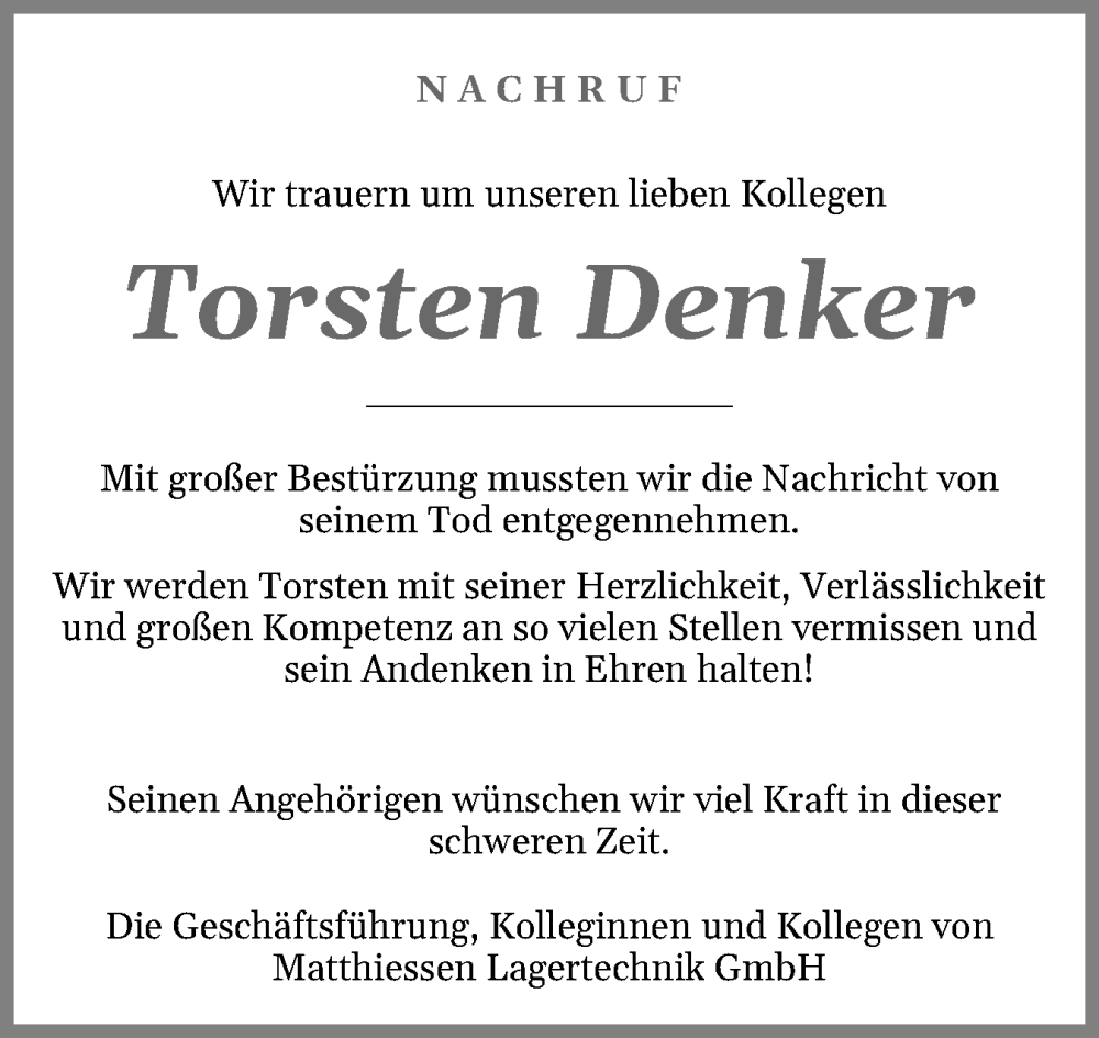  Traueranzeige für Torsten Denker vom 15.11.2025 aus Norddeutsche Rundschau, Wilstersche Zeitung, Glückstädter Fortuna