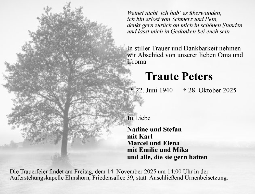  Traueranzeige für Traute Peters vom 08.11.2025 aus Elmshorner Nachrichten, Barmstedter Zeitung