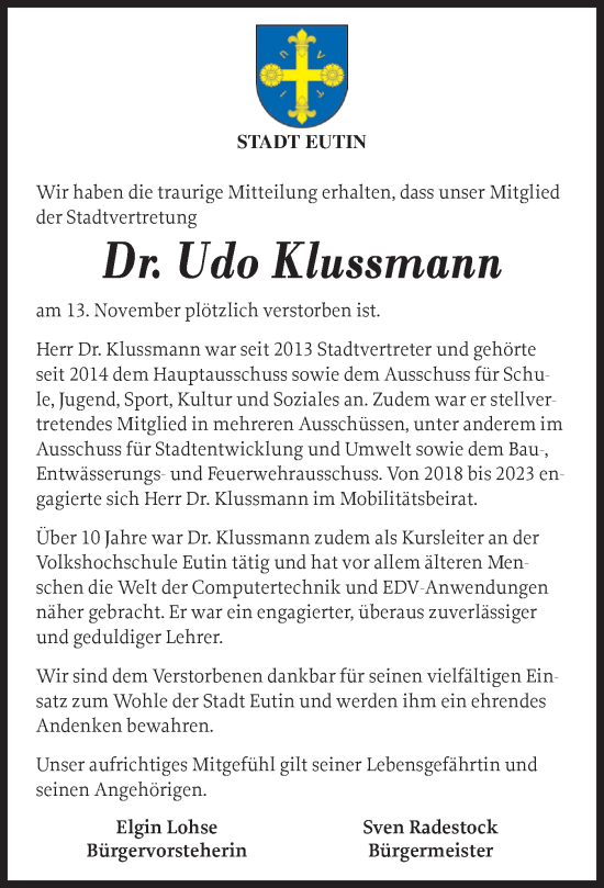 Traueranzeige von Udo Klussmann von Ostholsteiner Anzeiger
