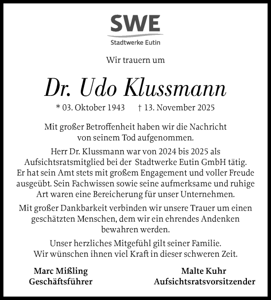 Traueranzeige von Udo Klussmann von Ostholsteiner Anzeiger