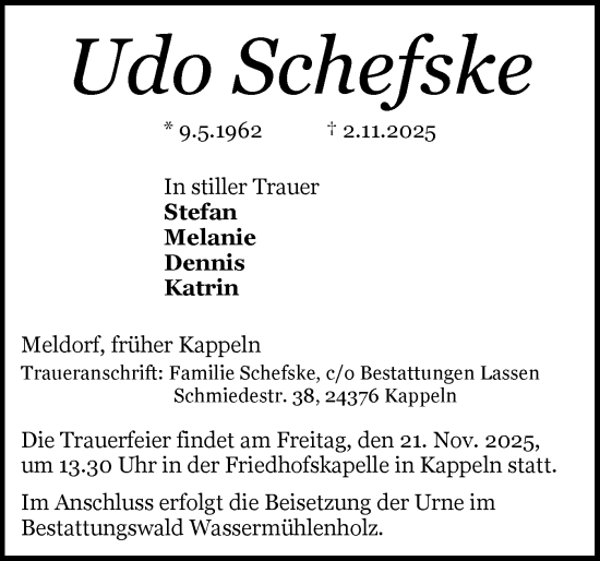 Traueranzeige von Udo Schefske von Schleswiger Nachrichten, Schlei-Bote