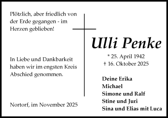 Traueranzeige von Ulli Penke von Schleswig-Holsteinische Landeszeitung