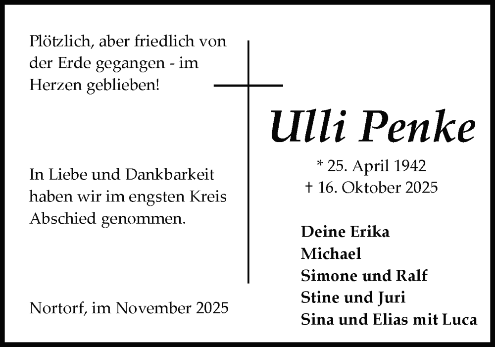  Traueranzeige für Ulli Penke vom 08.11.2025 aus Schleswig-Holsteinische Landeszeitung