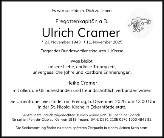 Traueranzeige von Ulrich Cramer von Eckernförder Zeitung, Hallo Eckernförde