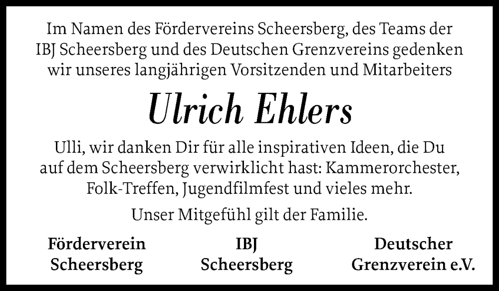  Traueranzeige für Ulrich Ehlers vom 22.11.2025 aus Flensburger Tageblatt, Schleswiger Nachrichten, Schlei-Bote