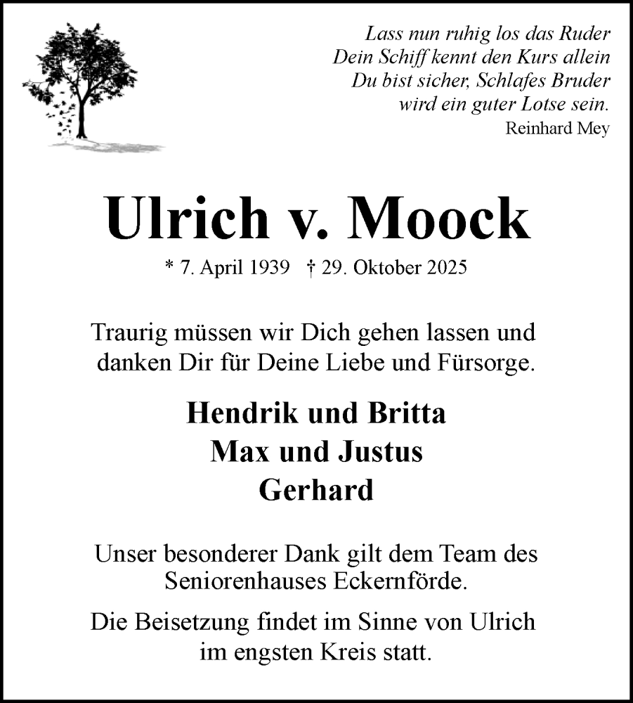  Traueranzeige für Ulrich von Moock vom 15.11.2025 aus Eckernförder Zeitung, Hallo Eckernförde