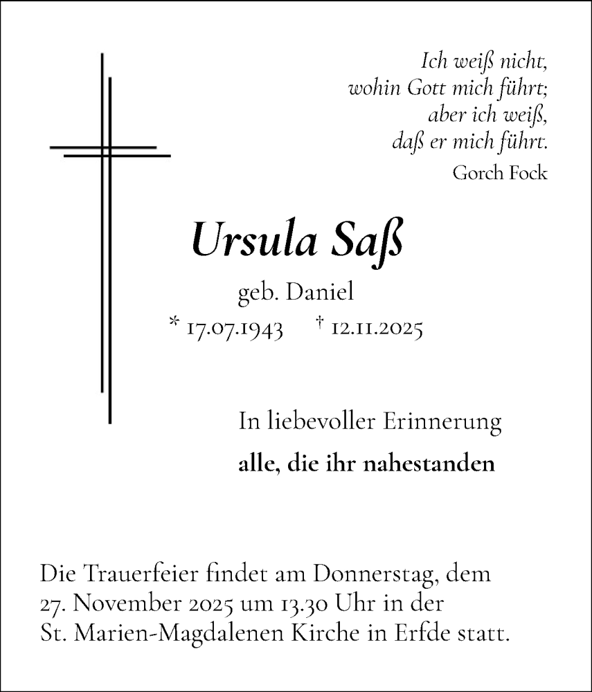  Traueranzeige für Ursula Saß vom 24.11.2025 aus Schleswig-Holsteinische Landeszeitung