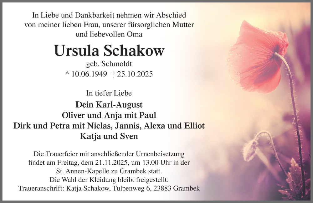  Traueranzeige für Ursula Schakow vom 08.11.2025 aus MARKT Ratzeburg/Mölln