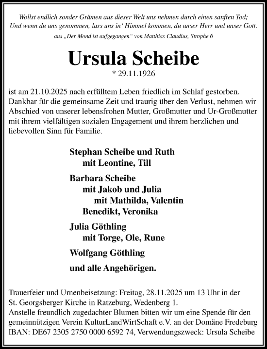 Traueranzeige von Ursula Scheibe von MARKT Ratzeburg/Mölln