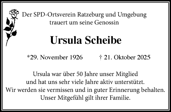Traueranzeige von Ursula Scheibe von MARKT Ratzeburg/Mölln