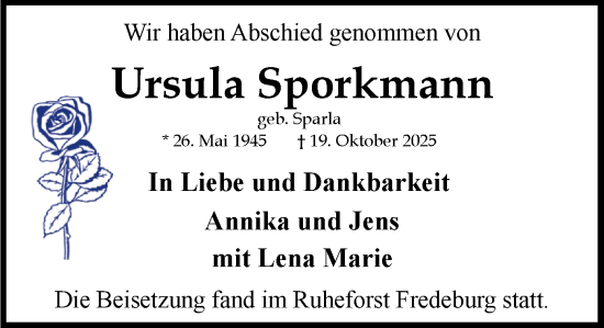 Traueranzeige von Ursula Sporkmann von MARKT Ratzeburg/Mölln