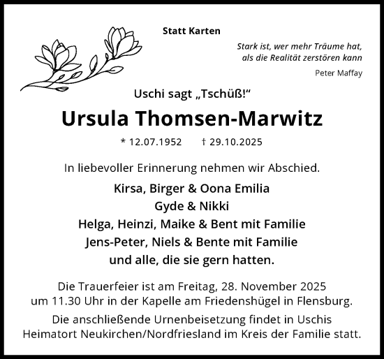Traueranzeige von Ursula Thomsen-Marwitz von Region Flensburg