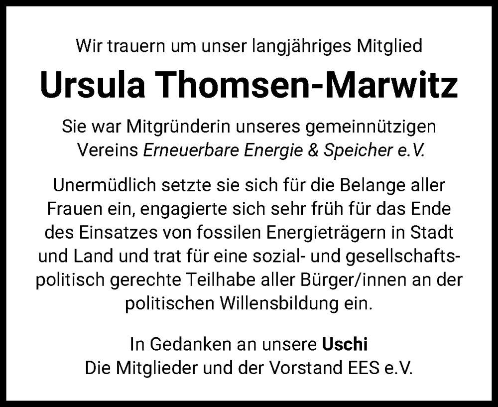  Traueranzeige für Ursula Thomsen-Marwitz vom 15.11.2025 aus Flensburger Tageblatt