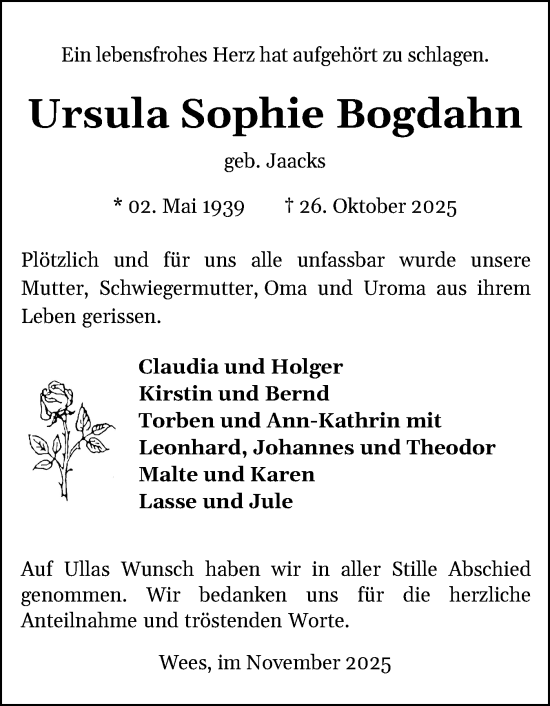 Traueranzeige von Ursula Sophie Bogdahn von Flensburger Tageblatt