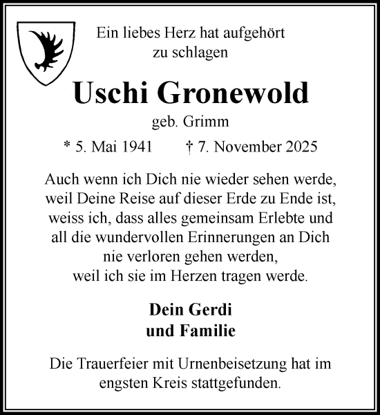 Traueranzeige von Uschi Gronewold von MARKT Ahrensburg/Bargteheide/Trittau und Stormarner Tageblatt