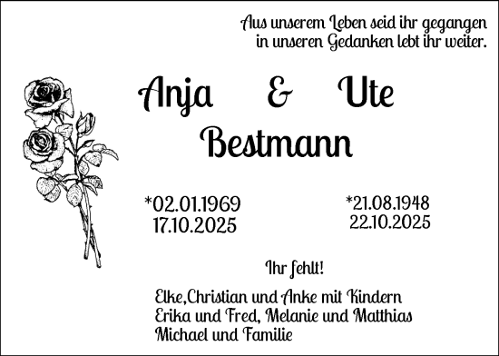 Traueranzeige von Ute Bestmann von Region Pinneberg und tip Pinneberg