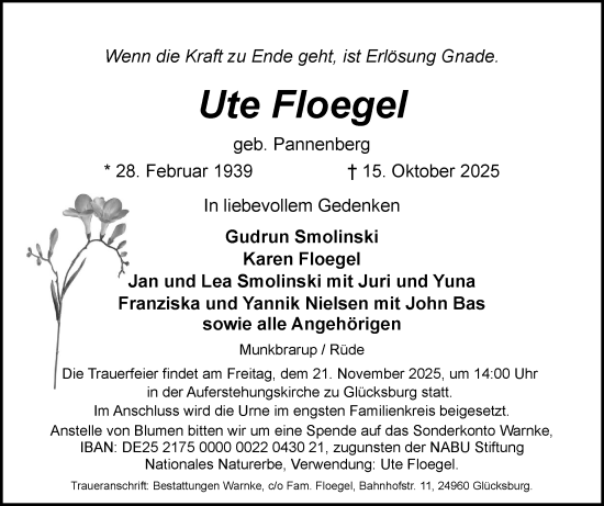 Traueranzeige von Ute Floegel von Region Flensburg