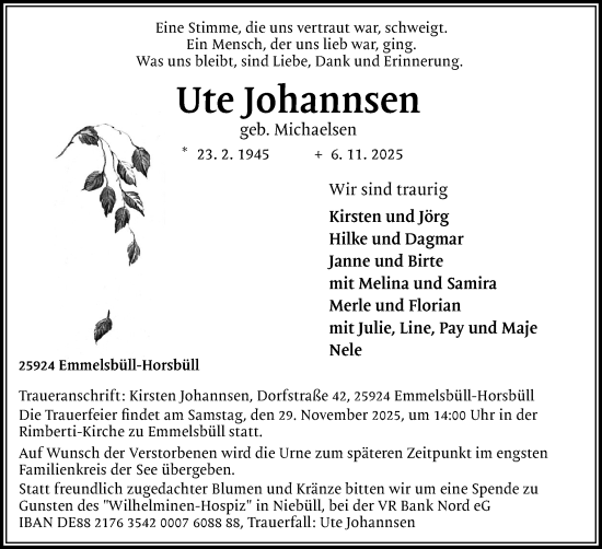 Traueranzeige von Ute Johannsen von Husumer Nachrichten, Nordfriesland Tageblatt