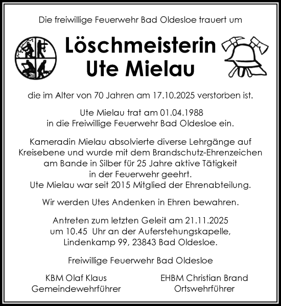 Traueranzeige von Ute Mielau von MARKT Bad Oldesloe/Reinfeld und Stormarner Tageblatt