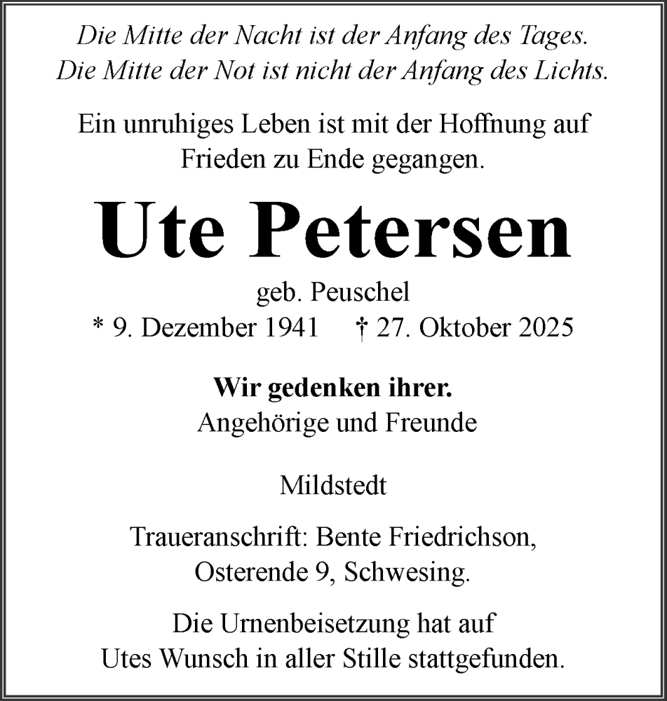  Traueranzeige für Ute Petersen vom 08.11.2025 aus Husumer Nachrichten, Nordfriesland Tageblatt