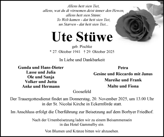 Traueranzeige von Ute Stüwe von Eckernförder Zeitung, Hallo Eckernförde