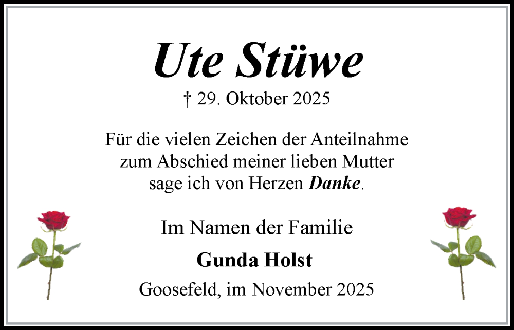  Traueranzeige für Ute Stüwe vom 29.11.2025 aus Eckernförder Zeitung, Hallo Eckernförde